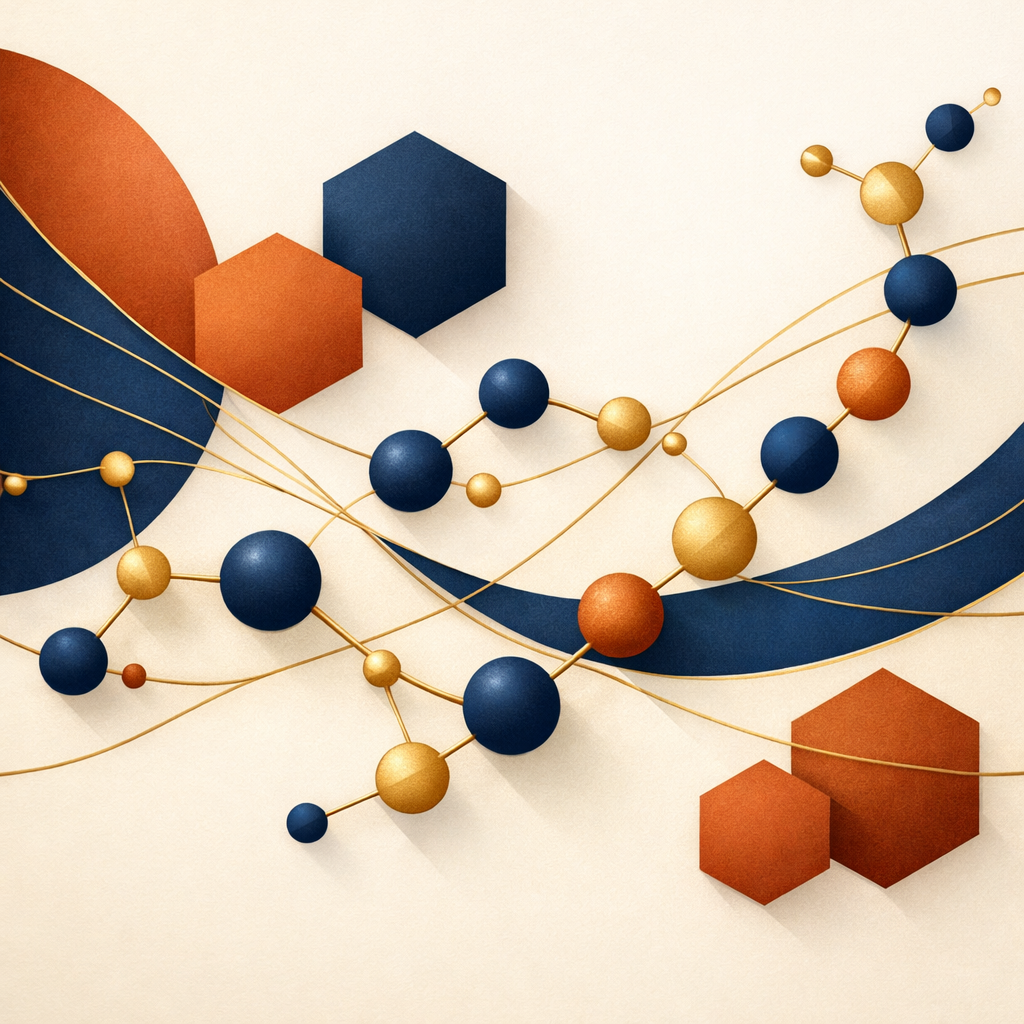 Abstract molecular art representing peptide therapy — geometric shapes in navy, gold, and terracotta